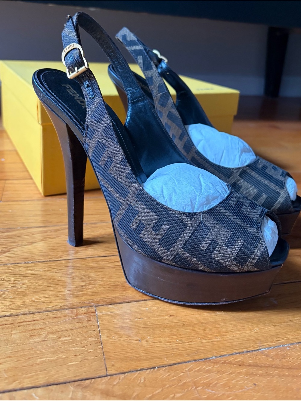 Fendi Spuntata Zucca Jacquard Platform Slingback Heels
